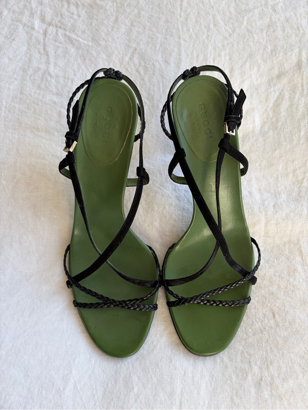 Gucci Braided Leather Suede Strappy Heels Black Green